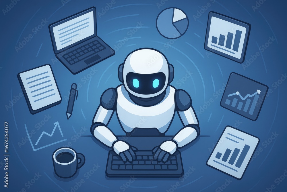 Poster robot surrounded by data charts and a laptop on a blue digital background artificial intelligence te