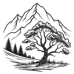 Scenic mountain landscape with a tree and pine forest