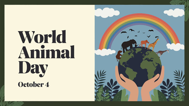 Vector art of world animal day illustration with diverse animals on earth held in hands under a rainbow, promoting animal welfare and conservation on october 4th