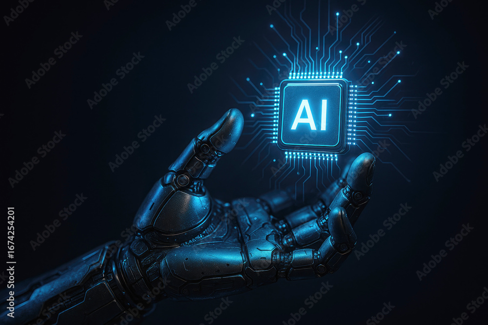 Poster robotic hand presenting a glowing blue ai microchip with illuminated circuitry in darkness artificia