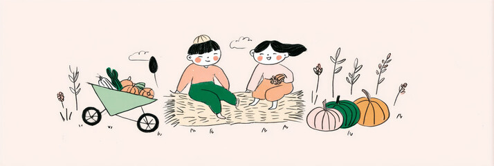 Two children are joyfully laughing as they sit on hay bales beside a vibrant pile of pumpkins and squash in a picturesque autumn setting