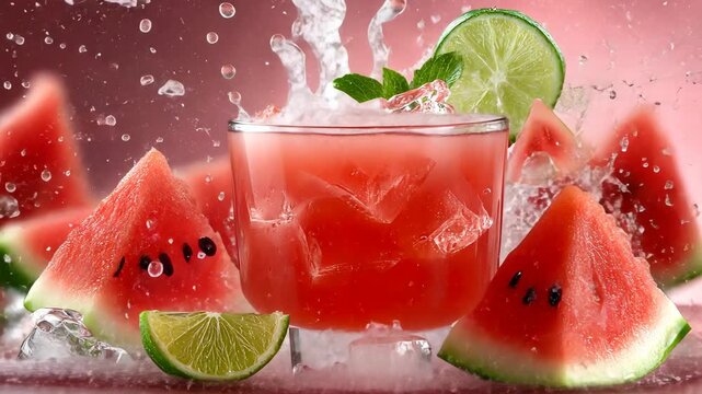 Refreshing watermelon cocktail with mint and lime garnishes prepared in a bright setting