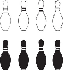 Bowling Pins in Black and White Outline and Solid Silhouette