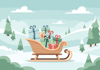 Obraz premium Festive wooden sled loaded with colorful gifts in a snowy landscape