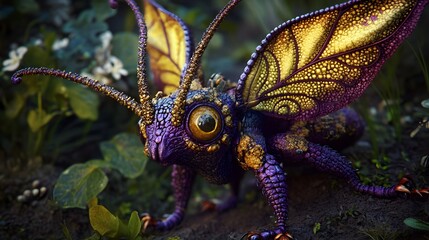 Fantasy Insect Closeup Purple Gold Wings Creature