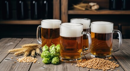 Four beer mugs on wooden table, with hops and wheat