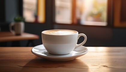 Fototapeta premium side view of coffee cup on a wooden table in a room cappuccino espresso mug