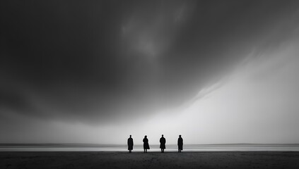 Black and white fine art photography of people on beach under stormy sky art