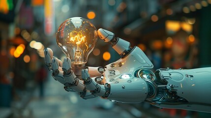 Close-up of Robotic Hand Holding a Light Bulb