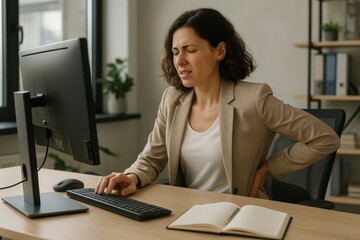 Professional woman experiencing workplace ergonomic challenges while working at computer desk highlighting occupational health concerns