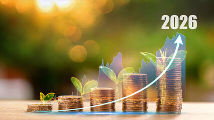 Step of coins with Sapling are growing from the soil with sunlight and water drop on it, step...