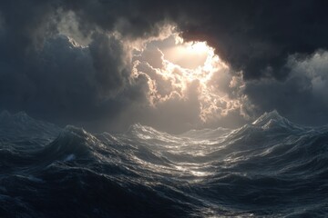 Stormy sea, sun breaking through clouds