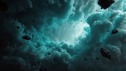 Dark teal clouds with cosmic debris