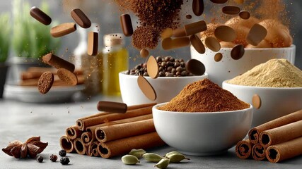 Explore a vibrant collection of spices, eggs, and herbs arranged beautifully on a kitchen countertop showcasing culinary possibilities for healthy cooking and baking