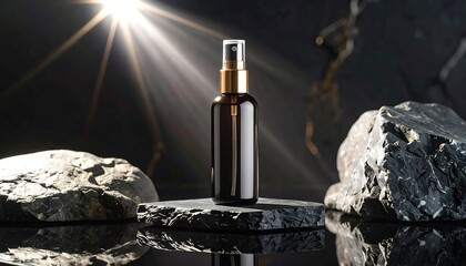An amber spray bottle stands on a stone platform, illuminated by a bright light, with rocks in the background.
