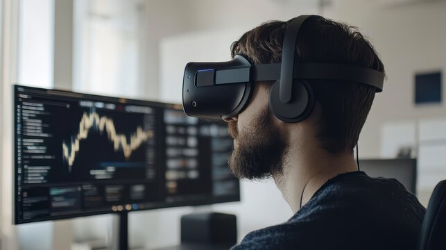 Bearded man using VR headset, analyzing stock market data on large monitor. - Powered by Adobe