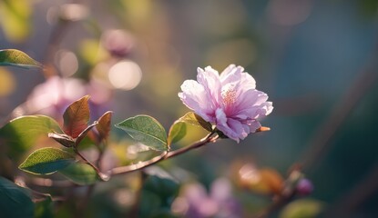 Soft focus of a delicate pink flower in sunlight