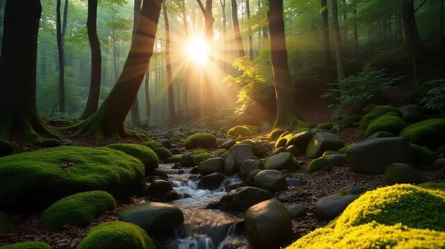 Sunlight shines through trees, lighting up mossy rocks in the forest