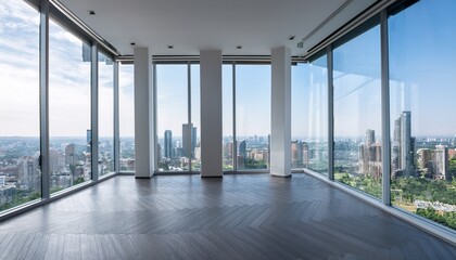 modern interior design with large windows overlooking city skyline in bright space