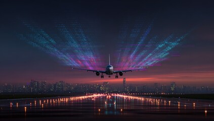 Airplane landing at night, digital trails
