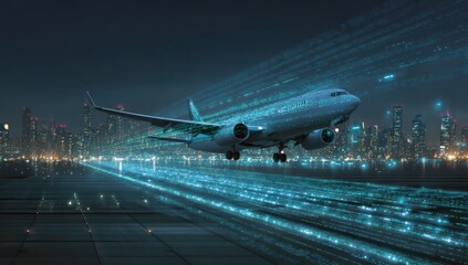 Futuristic airplane landing at night over city