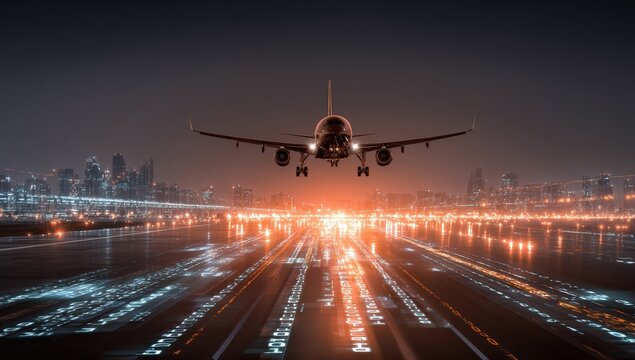Airplane landing at night over a city - Powered by Adobe