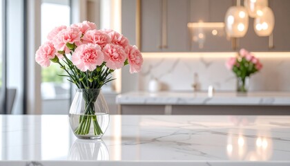 A bouquet of delicate pink carnations sits in a clear vase on a polished white marble countertop, highlighting the elegant interior design of a modern kitchen.