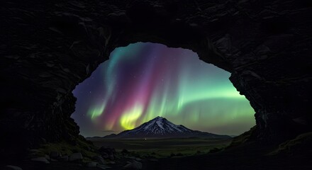 Volcanic Rock Arch Framing Aurora and Snow Peak