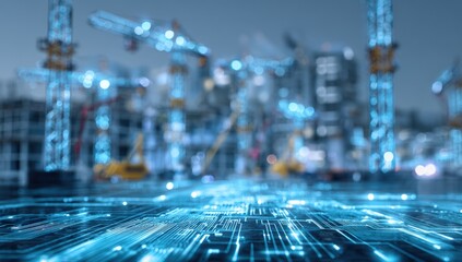 Futuristic construction site with digital overlay