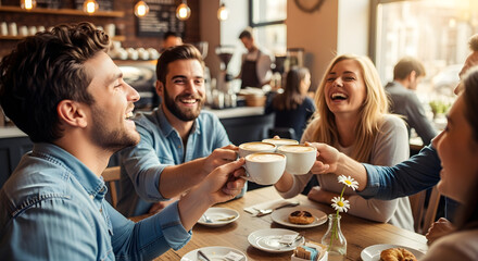 Happy Friends Enjoying Coffee Together at a Cafe