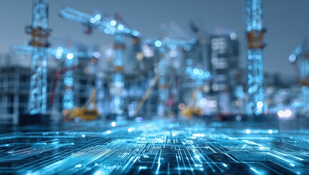 Futuristic construction site with digital overlay