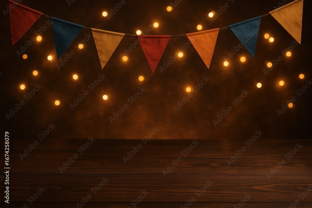 Poster rustic wooden table display with colorful festival bunting and bokeh light background