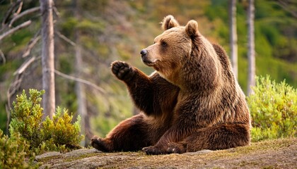 Fototapeta premium brown bear sitting with one paw raised