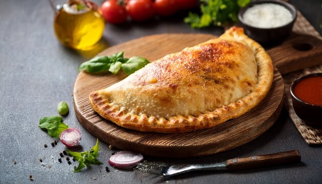 delicious homemade calzone pizza with fresh ingredients on rustic wooden board