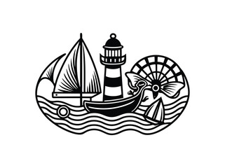 Nautical emblem seaside scene with sailboat lighthouse and seashell vintage woodcut style