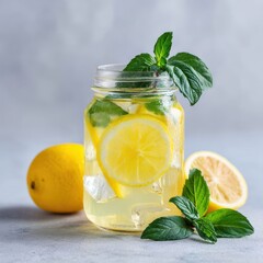 Refreshing Lemon and Mint Iced Beverage in Glass Jar
