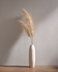 Pampas Grass in Vase Still Life. Sunlit Wall Background. Decor or Advertisement