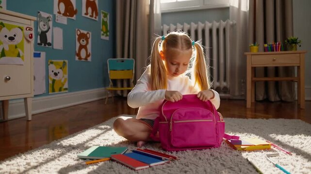 Young Fair-Haired Schoolgirl with Braided Hair Preparing Her Backpack with School Materials