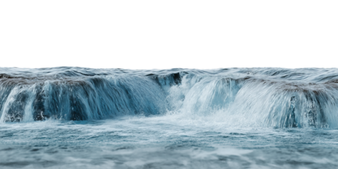 Dynamic clear blue water cascades over dark rocks, creating a natural waterfall effect on a transparent background.