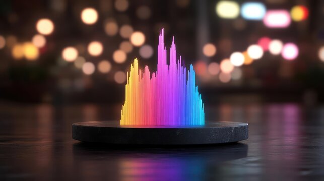 Abstract data visualization with vibrant spectrum hues against blurred cityscape backdrop - Powered by Adobe