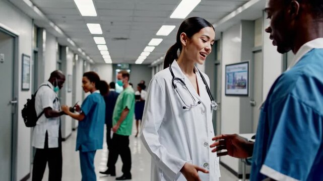 Smiling Female Medical Doctor Standing Confidently Among Diverse Group of Healthcare Staff in Hospital Corridor