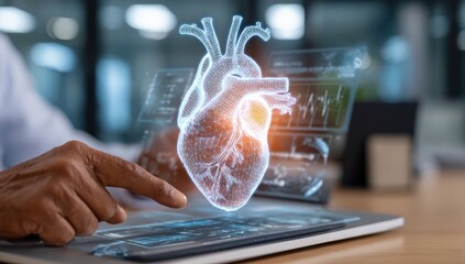 A person interacts with a holographic heart model on a tablet