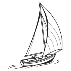 A minimalist black and white line drawing of a sailboat with full sails moving through the water