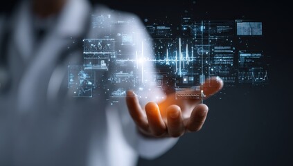 Doctor's hand holding digital medical data overlay