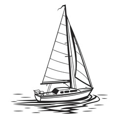 A sleek sailboat with full sails glides gracefully across calm water in a stylized black and white illustration