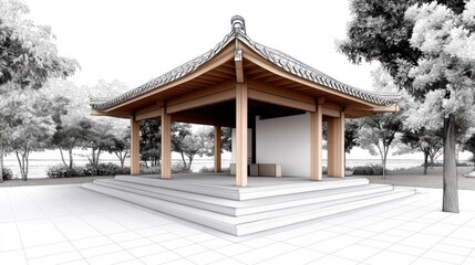 Architectural rendering showcases a traditional Asian pavilion in a serene landscape setting