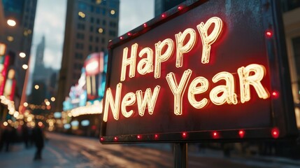 Illuminated New Year wishes shine brightly amidst the citys festive atmosphere