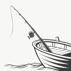 Fishing rod and reel set up in a wooden rowboat on wavy water
