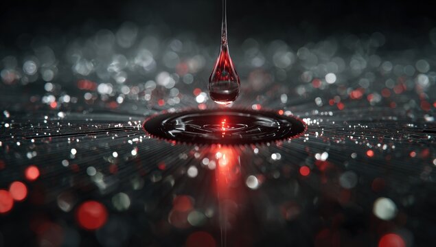 A drop of crimson liquid falls onto a metallic surface, radiating light