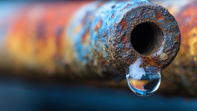 Rusted metal pipe with water droplet